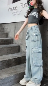 Cargo Anak - Celana Panjang Highwaist Cargo Anak Perempuan Jeans Usia 8-13 Tahun