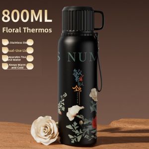 Large Capacity Floral 316 Stainless Steel Insulated Mug with Handle for Tea Brewing Portable Water Bottle for Women