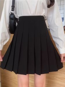 Black Midi High Waist Pleated Skirt Womens Autumn Winter College Style Elastic Waist Partial Body Skirt Anti-Light Short Skirt