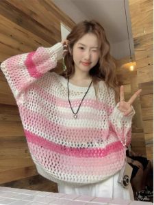 Dopamine Sweet Pink Stripes Cut Out Knitwear Female Spring 2024 New Arrival Youthful-Looking Loose Lazy Top