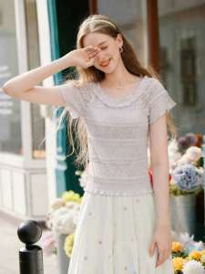 XIANGYING | Lavender Purple Lace Top for Women 2026 New Season Short Sleeve Lightweight
