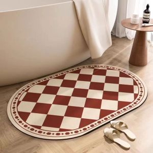 VIKAMA French Vintage Checkered Bathroom Mat Soft Diatom Mud Non-Slip Oval Rug Water Absorbent Entryway Mat for Home Decor