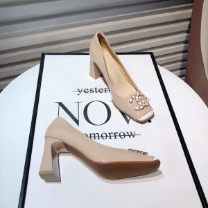 Elegant Classic Style Color Matching Dress High Heels Womens Spring Dadong New Arrival French Square Toe Patent Leather Low-Cut Chunky Heel Shoes