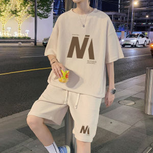 Fashion and Handsome Waffle Casual Suit Summer Short-Sleeved T-shirt Trendy plus Size Loose Sports Shorts Two-piece Set