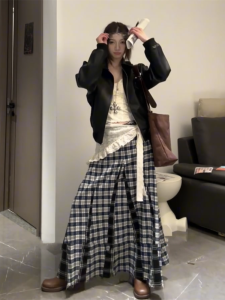 Retro Contrast Color Plaid High Waist Midi Skirt Womens Spring Small Size Slim A-Line Gingham Pleated School Style Skirts