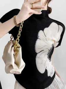 Áo Dệt Kim Màu Đen Vừa Vặn Phong Cách Pháp Hiện Đại Với Thiết Kế Móc Rỗng Và Hiệu Ứng Giảm Béo Áo Thun Cổ Cao Nửa Cổ Dành Cho Nữ