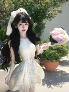 CHANGTONG | Romantic Style Sweet Flower Waist Cinched Puffy Strap Dress For Petite Summer
