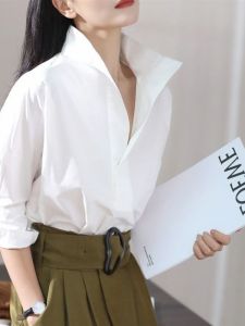 Loose Fit Cotton Batwing Sleeve Shirt Stand Collar Trendy White Shirt Spring Autumn New Style Womens Fashionable Top
