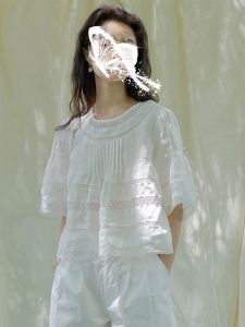 PAIBOLI | Stylish Short Lace Shirt Beautiful French Style Womens Summer Fashion Trendy Small Shirt Large Size Pear Shape Body Type