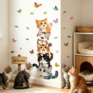 Cute Stacked Cats Wall Stickers Removable Waterproof Vinyl Wall Decals Cartoon Kitten for Kids Bedroom Living Room Home Decor
