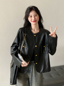 Black Leather Jacket Womens Short round Neck Proper Shoulder Spring Autumn Cool Ageless Fashion Commute Style Long Sleeve