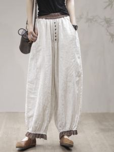 กางเกงขายาวทรงหลวมเอวสูงผ้าลินินผสมผ้าฝ้ายสไตล์ฤดูใบไม้ผลิและฤดูใบไม้ร่วงสำหรับผู้หญิง กางเกงขายาวทรงหลวมสไตล์ลำลองสำหรับผู้หญิง