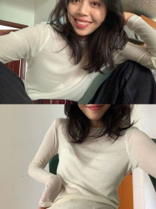 White Pure Desire Silk Wool Mask T-Shirt Womens Early Spring Soft Thin Slim Fit Long Sleeve Base Shirt Top Korean Style