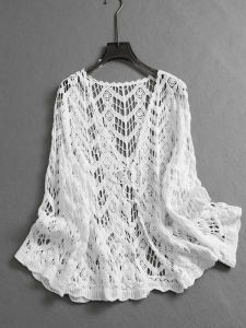 Thin Lace Knitted Hollow out Cardigan Spring 2025 New Style Womens Outerwear V-Neck Long Sleeve Cotton Blend Fashion