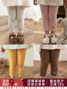 Sweet Cute Girls Slim Fit Base Layer Pants Summer Casual Animal Embroidery Cotton Blend Fabric Nine Points Elastic Waistband