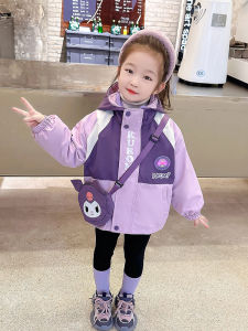 Girls Three-in-One Fleece Lined Windbreaker Spring Autumn Fashionable Childrens Outerwear Coat with Hood Waterproof Polyester