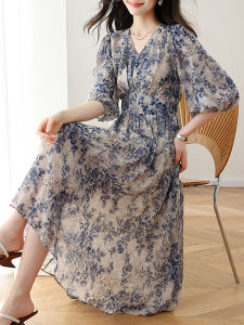 DAIXIANGFEIZI | Floral Chiffon Dress Seven-eighth Sleeve Midi