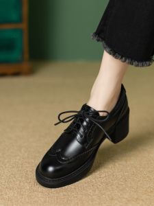British Style Womens Thick Bottom Oxford Shoes Leather Brogue Spring Autumn High Heels College Style Slip-On round Toe Shoes