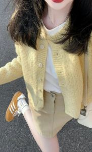 Loose Fit Cheese Puff Knitwear Short Yellow Womens Sweater Korean Style Autumn New Arrival Versatile Open Cardigan