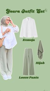 3in1 One Set Setelan Kemeja Polos Putih Celana Loose Pants Linen Hijab Polos Segi Empat KS Youra 006