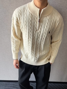 Sea chenic  เสื้อสเวตเตอร์ปักลาย เสื้อสเวตเตอร์สำหรับผู้ชายคอปกตั้งมีซิปครึ่งตัวเสื้อกันหนาวแบบถักรักษาความอบอุ่น