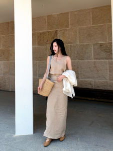 Elegant Linen Sleeveless Wrap Dress Original Wood Color High-End Sensation Floating Poetic Lines/ Wood Tone Gown for Women