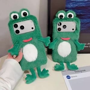Funny 3D Cartoon Big Eyes Frog Fluffy Plush Phone Case iPhone Air 17E 14 11 12 13 mini 15 16 Pro Max Shockproof Protective Cover