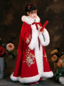 New Year Celebration Girls Hanfu Outfit Winter Coatcape Shoulder Wrap Childrens Outerwear Festive Design Polyester Fiber