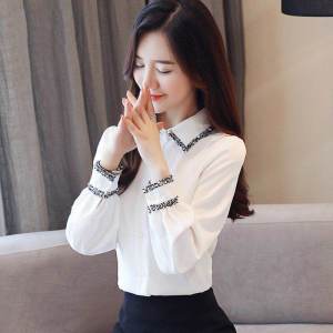 เสื้อเชิ้ตผ้าชีฟองสีขาวแขนยาวสไตล์ฮ่องกงสำหรับผู้หญิงในช่วงต้นฤดูใบไม้ผลิ 2024 เสื้อเชิ้ตผ้าฝ้ายโพลีเอสเตอร์สไตล์เกาหลี