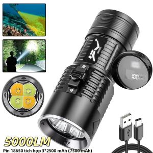 Đèn Pin Lặn 4 Chiếc 5000LM 7500mAh XHP50 Ánh Sáng Trắng & Vàng Cường Độ Cao Sạc Lại Được Dùng Được Cho Cả Dưới Nước Và Trên Đất Liền