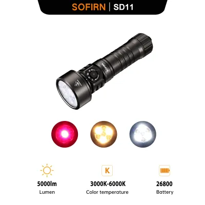 Sofirn SD11 5000LM Đèn pin lặn dùng bình dưỡng khí 224m Đèn LED màu đỏ 7500mAh USB C có thể sạc lại điều chỉnh với ngọn đuốc ấm áp