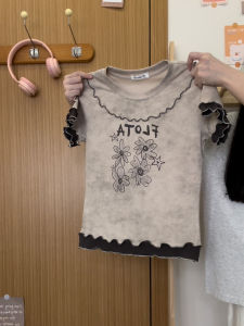 Retro Cool Slim Fit Short Sleeve T-Shirt Womens Graffiti Flower Wood Ear Tie Dye Shoulder High Waist Top Korean Style Cotton Blend