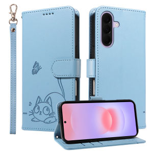 Ốp Lưng Ví Da Samsung Galaxy S22/S23/S24/S25/S26 FE Ultra Plus Edge - Thiết Kế Dập Nổi Hình Mèo & Bướm Có Ngăn Đựng Thẻ
