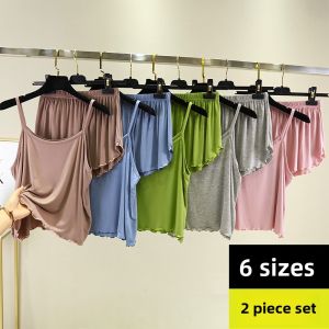 Summer Modal Womens Sleepwear Set Large Size Loose Short Sleeve Vest And Shorts Two-Piece Set Comfortable Breathable Nightgown