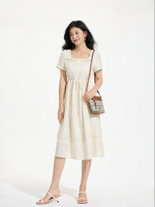 Hotwind | White Linen Fitted Square Neck Dress