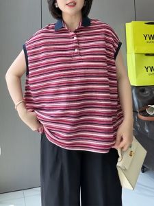 UYFY | เสื้อยืดแขนกุดลายทางสีแดง ทรงหลวม คอโปโล สไตล์ลำลอง สำหรับผู้หญิง ฤดูร้อน 2025 เสื้อเชิ้ตทำงานที่ทันสมัยและหลากหลาย