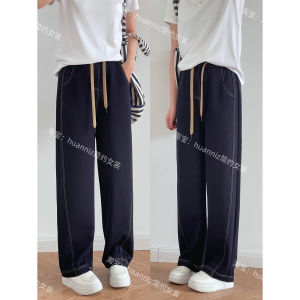 Slimming High Waist Wide Leg Pants Knife Edge Washed Blue Jeans Elastic Waist Corduroy Long Trousers for Women Spring Summer
