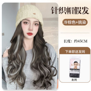 Womens Knitted Hat Integrated Full Head Cover Autumn Winter Fashion Long Curling Hair Yarn Fake Hair Cap Natural Style Change Shape Cover Grey Hair