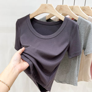 Chic Square Collar Short Sleeve T-Shirt Womens Summer Fashionable Top Bone Shirt Short Length Dopaamine Outfit Cotton Blend