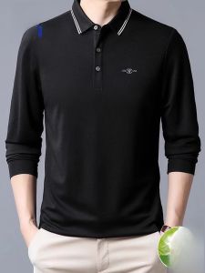 ROMON | Lormen Mens Silk Polo Shirt Long Sleeve Casual With Collar Autumn Fashion Urban Style Standard Fit Polyester Regency Fiber Cotton