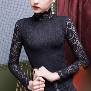 chaqi | Black Lace Base Shirt Womens Slim Fit Half High Collar Autumn Winter New Style Inner Wear Fleece Mesh Top Commute Style