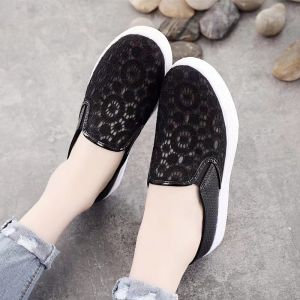 Women Korean Fashion Mesh Breathable Slip On Half Shoes Lightweight Flat Casual Black Rubber Shoes For Women On Sale