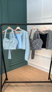 SET7210 Fancy Tweed Crop Blazer w/ Singlet Set