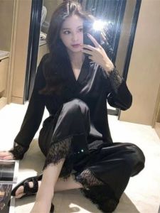 Áo Ngủ Ren Tay Dài Mùa Xuân Thu Cho Nữ Áo Khoác Cardigan Hở Ice Silk Mỏng Bộ Đồ Ngủ Dài Hai Mảnh Váy Ngắn Mùa Hè