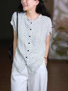 Breathable Rayon Linen Blend Polka Dot Cuff T-Shirt