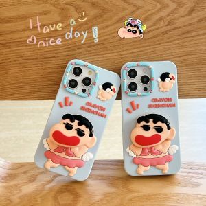 เคสโทรศัพท์ซิลิโคนเหลวนวัตกรรมการยืดหดได้รูปนางฟ้าดินสอสีชินจังพร้อมสายคล้องสำหรับ iPhone 11 12 13 14 15 16ซีรีส์