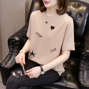 LUCKIN STORE Áo Nữ Áo Cánh Dệt Kim Lụa Lạnh Thêu Chữ Love Tay Ngắn Áo Thun Mỏng Hàn Quốc Mới 2025