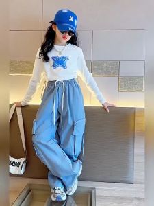 New Girls Pants Kids Spicy Girl Cargo Pants Big Pockets 5-16Years Loose Pants Printed Jazz Dance Pants Wide Leg Trousers Blue Pants Summer Pants Fashion Candy Pants Casual Sports Pants