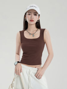 Áo Vest Không Tay Cổ Vuông Màu Nâu Rộng Cho Nữ Mùa Hè 2025 Áo Vest Cotton Co Giãn Ôm Vừa Vặn Mặc Trong Và Ngoài