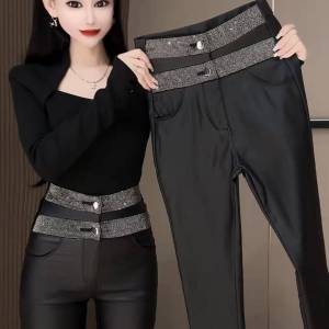Slim Fit Fleece Lined Womens Base Layer Pants High Waist PU Leather Tight Leggings Autumn Winter Fashion Trend Rhinestone Detail